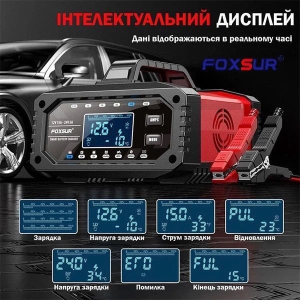Foxsur 12V 15A - 24V 5A зарядний пристрій для автомобільного акумулятора, 6-250 А-год Foxsur 15А фото