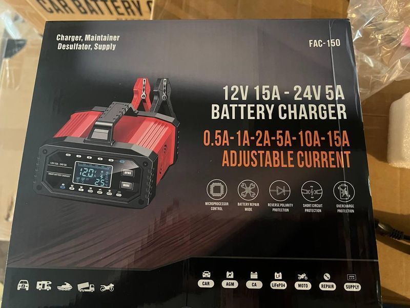 Foxsur 12V 15A - 24V 5A зарядний пристрій для автомобільного акумулятора, 6-250 А-год Foxsur 15А фото