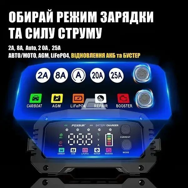 Foxsur 12-24V 25А , зарядний пристрій до АКБ від 6-400 А-год,має функцію Бустер Foxsur 25А фото